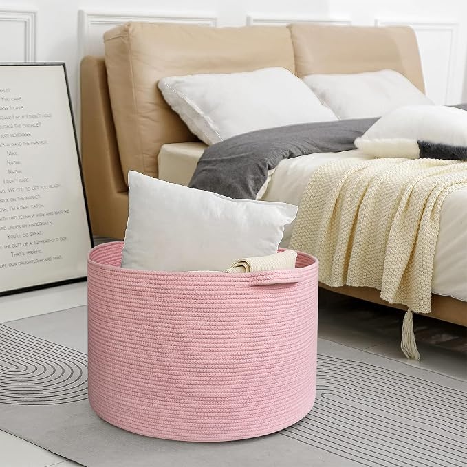 Extra Large Pink Basket, 22"x22"x14" Woven Cotton Rope Bin with Handles, Blanket Storage for Living Room, Baby Kids Toy Storage Bin Box, Wicker Laundry Basket, Pink Room Decor Organizing
