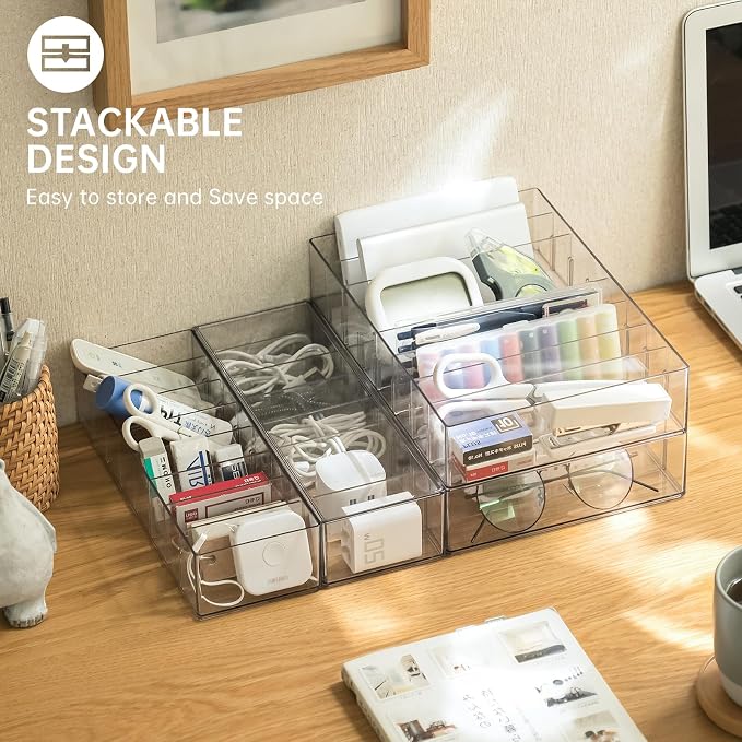 FRETONBA 2 Pcs Clear Cable Charger Organizer Box, Large | Adjustable Compartments, Stackable to Save Space, 14 Wire Ties, Easy Access, Fits Drawer, Desk & Office
