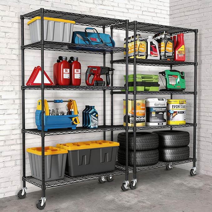 5 Tier Wire Metal Shelving Rack Garage Storage Rolling Shelves with Wheels | Heavy Duty Adjustable Industrial Shelve Steel Sturdy Utility Shelving for Kitchen Garage Pantry Bathroom Laundry