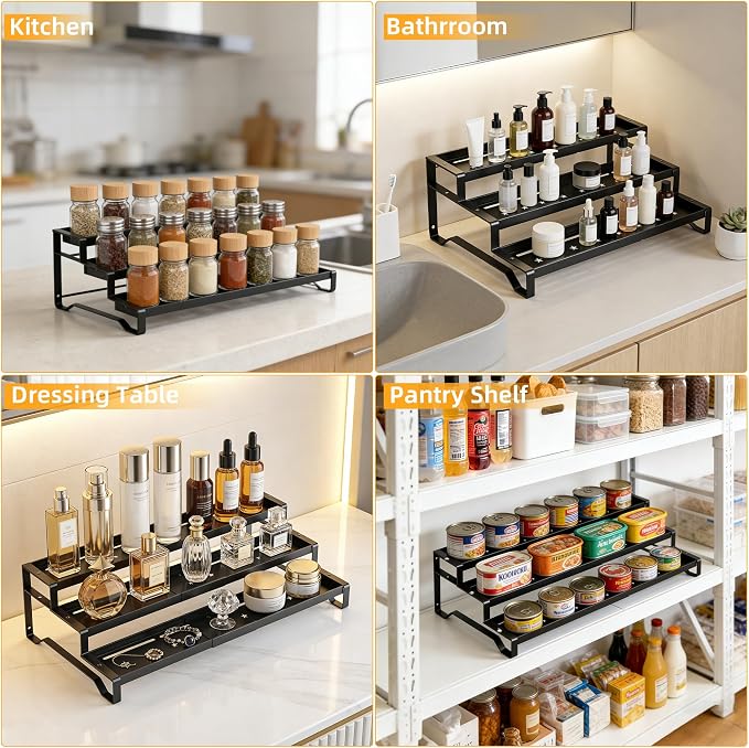 Spice Rack Organizer for Cabinet, 13-21.5" Expandable Spicy Shelf | 3-Tier Metal Seasoning Organizer, Kitchen Spice Organization, Slip-Resistant Guardrails for Jars, Bottles and Cans, Black