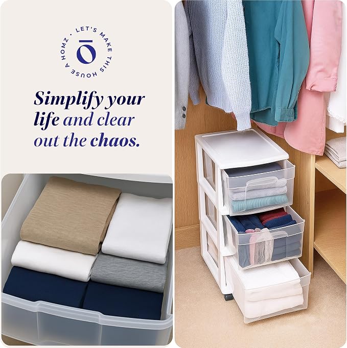 HOMZ Drawer Tower 3-Tier Storage Cart, Removable Wheels, White Frame,2 Pack | Plastic Organizer with Clear Bin Drawers for Bedrooms, Bathrooms, Home Offices, and Dorm Rooms