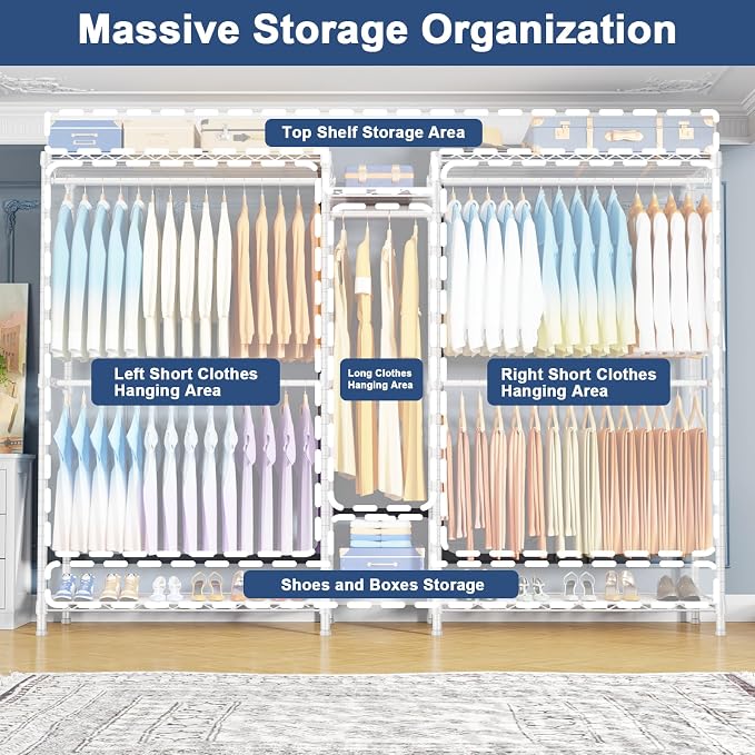 E12 Max Clothes Rack，Heavy Duty Freestanding Garment Rack with Shelves，Metal Clothing Closet Storage System for Hanging Clothes，83" W x 16" D x 76.5" H, Hold 1060 lbs，White
