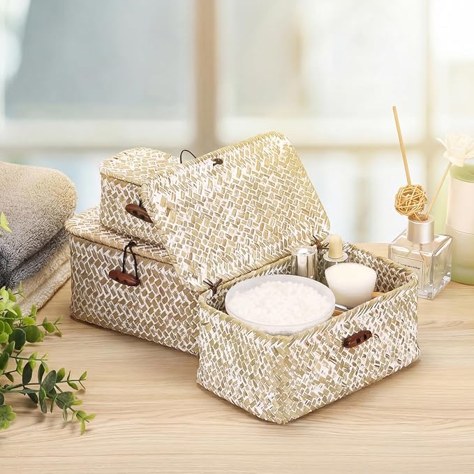 Hipiwe Wicker Shelf Basket Box Mini Seagrass Baskets with Lid,6.1"x4"x3.3" | Tabletop Basket Organizer for Shelf Bathroom Home Decor, Key Basket Holder Box for Entryway, Whitewash