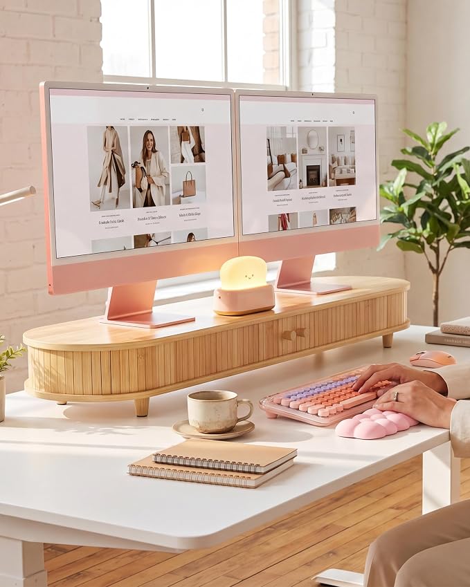Bamboo Dual Monitor Stand with Storage, 42 Inch Desk Shelf Riser | Curved Double Computer Laptop Stand Desk Shelf Organizer with Sliding Doors for 55-72 Inch Desk