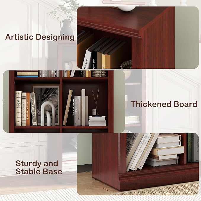 3 Tiers 6 Cube Storage Organizer Bookcase, 30 inch Width Wooden Book Shelf | 6 Storage Cube Adjustable Space Book Case, Vertical Bookshelf Display Cabinet Organizer for Home Library Office, Mahogany