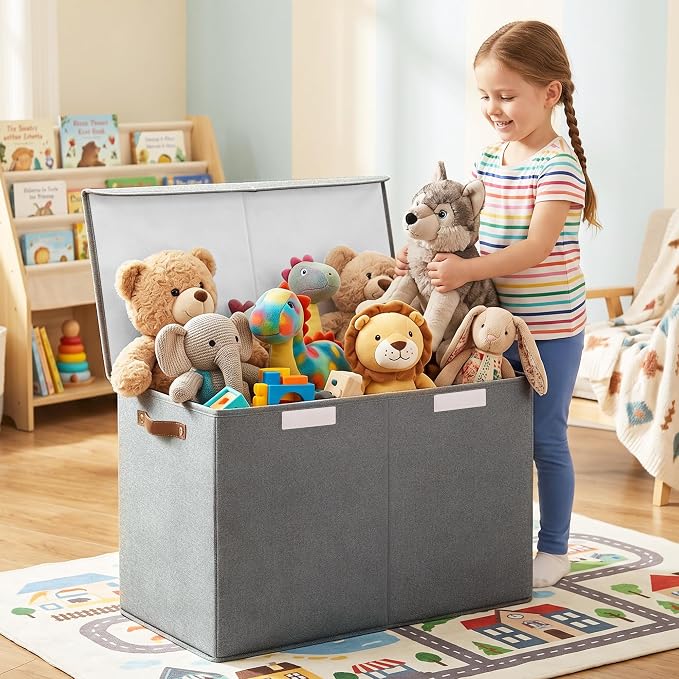 Bagnizer Large Toy Storage Box with Lids, Collapsible Sturdy Baby Storage Organizer Chest Bin Basket for Kids, Boys, Girls, Playroom, Nursery, Bedroom, Closet 25"x13"x16" (Gray)