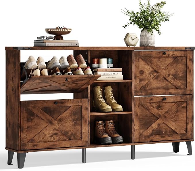 LINSY 63" Farmhouse Shoe Storage Cabinet Brown | Tall Flip-Drawer Shoe Rack for Entryway, Adjustable Shelves for Boots, Heels & Sneakers Wood Finish with Sturdy Metal Legs
