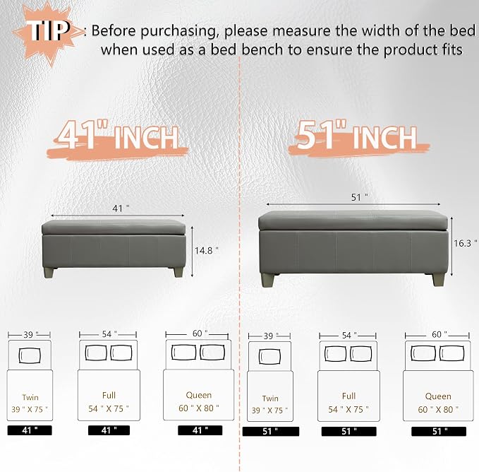 51 Inch Storage Ottoman, Storage Bench with Safety Hinge, Upholstered Synthetic Leather Ottoman Bench for Bedroom, Living Room, Entryway, Hallway, Foot Rest, Support 500lbs