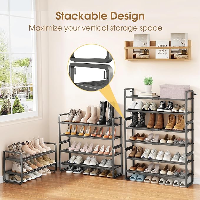 SAYZH Expandable Shoe Rack for Closet, Adjustable Metal Shoe Organizer with Sturdy Mesh Shelves for Boots & Heels, Stackable Shoe Storage for Entryway, Garage, Small Spaces (Grey, 4-Tier)