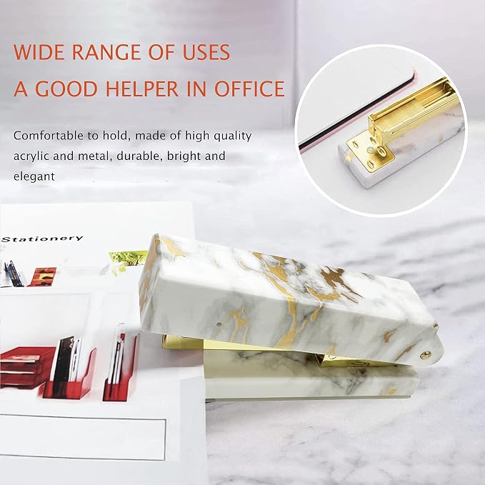 Gold Marble Desk Accessories, Office Supplies Set Stapler Set Staple Remover, Tape Holder, Pen Holder, 2 Ballpoint Pen, Scissor, Binder Clips, Paper Clips and 1000pcs Staples.