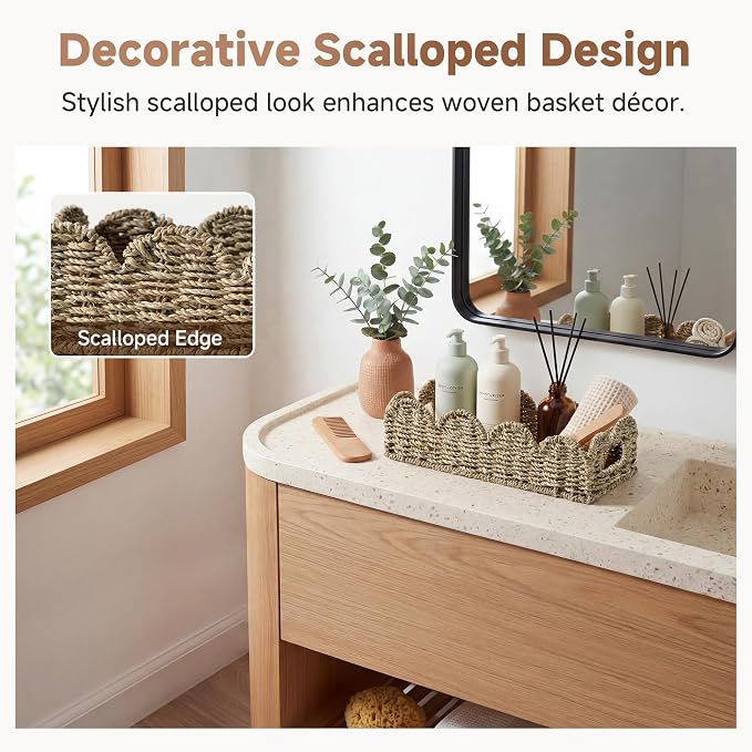 StorageWorks Wicker Scalloped Basket, Small Seagrass Baskets for Storage | Decorative Toilet Paper Basket with Handles for Countertops & Shelves, Back of Toilet Basket Tank Topper for Bathroom Decor