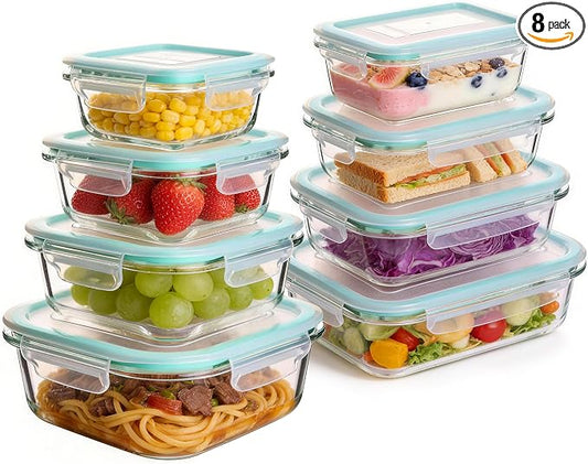 Liuruiyu Glass Food Storage Containers with Lids, 8 Pack Meal Prep Containers, Airtight Bento Boxes with Leak Proof Locking for Microwave, Oven, Freezer and Dishwasher, BPA Free（5oz to 36oz）