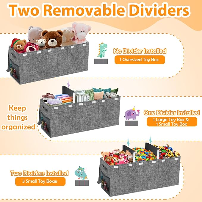 Rocamdo Large Toy Storage Box with Lid & Dividers, Kids Toy Chest, Gray | Toy Box for Boys, Girls, Nursery, Bedroom, Living Room, Playroom, 40X14X16 inches