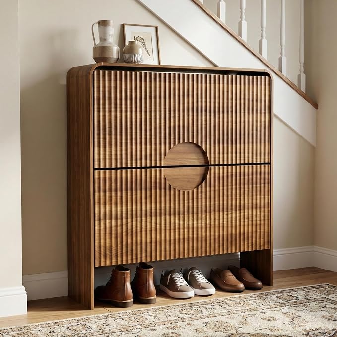 Narrow Shoe Cabinet with Entry Way, Slim Shoe Storage Cabinet for 2 Tier Doors, No Shelf, Fluted Hidden Shoe Rack Organizer for Entrance, Entry Way, Foyer, Walnut Small