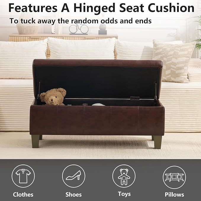 41" Storage Ottoman, Storage Bench with Safety Hinge, Upholstered Synthetic Leather Ottoman Bench for Bedroom, Living Room, Entryway, Hallway, Foot Rest, Support 500lbs