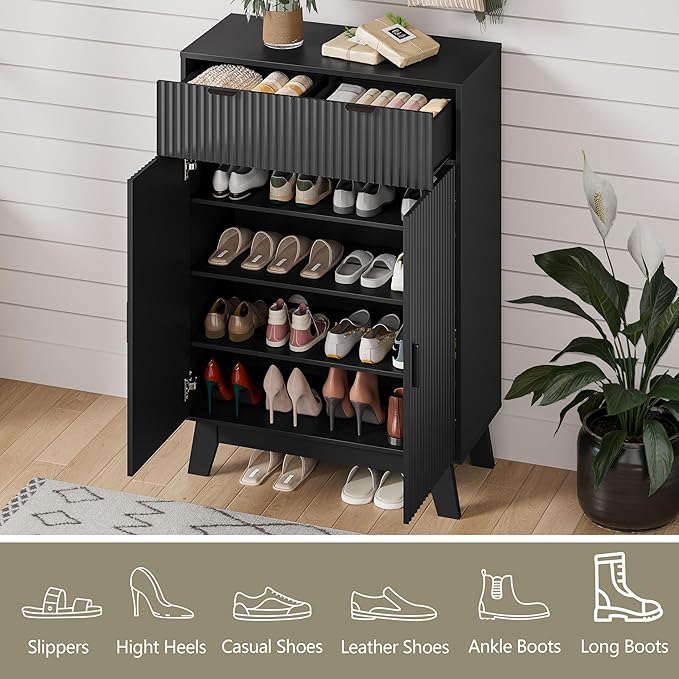 HUANLEGO Shoe Cabinet Storage for Entryway with Doors, Black | 4 Tier Fluted Shoe Organizer with 2 Drawers, Shoe Storage with Adjustable Shelves, Freestanding Hidden Shoe Rack for Entryway