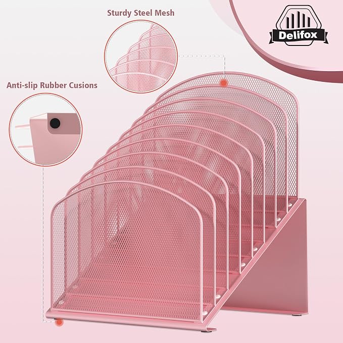 Inclined Desk File Organizer, 8-Section Upright Desk Organizer Standing File Sorter for Office Classroom Desktop Organization (Pink, 8)
