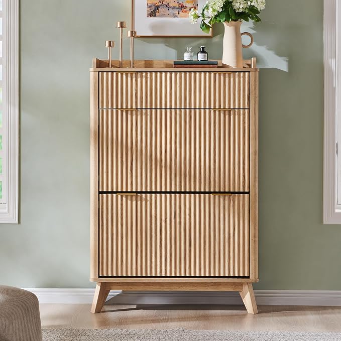 T4TREAM 48" Fluted Shoe Cabinet with Flip Drawers & Top Drawer, Natural Oak | Narrow Shoe Organizer, Curved Profile Design, Wooden Shoe Rack for Entryway, Hallway