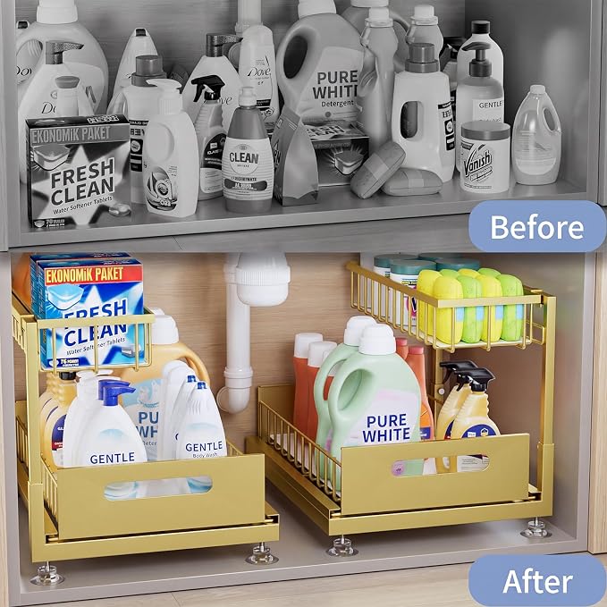Saydear L-Shaped Under Sink Organizer, 2-Tier Pull-out Cabinet Rack 1-Pack | Gold Height-Adjustable Steel Rack, Sliding Grid Drawers with PP Liners, Holds 100 Lbs, Suction Base, Ideal Kitchen Storage