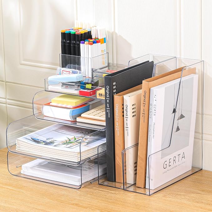 CiWiVOKi Desk Organizer with 2 Vertical File Holder, 4 Tier Stackable Paper Letter Tray File Organizer with 5-Compartments Pen Holder, Clear Desktop Organizer Office Organization and Storage