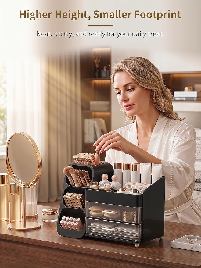 Booklov Large Makeup Organizer for Vanity Countertop, Black | Clear Acrylic Cosmetic Display Case, Beauty Brush Holder for Bathroom Counter, Make Up Skincare Lipsticks Storage