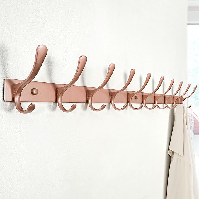SKOLOO Wall Mounted Coat Rack - 10 Hooks, Pack of 2, Heavy Duty, Stainless Steel, Metal Wall Hanger, Sturdy Coat Hooks for Hanging Coats, Jackets, Clothes, Hats - Matte Rose Gold