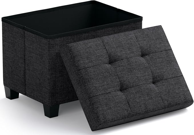 Ornavo Home Small Rectangle Storage Ottoman with Legs, 12x16x12, Black | Foot Rest Stool Seat; Holds Up to 600 lbs; Ideal for Living Room, Bedroom, Home Office or Dorm