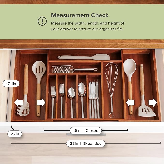 KitchenEdge Silverware & Utensil Drawer Organizer, 16-28 in, Acacia | Cutlery, flatware, food-safe contract grade, kitchen drawer fit