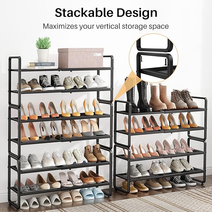 SNTD Shoe Rack - Expandable Shoe Organizer for Closet, Adjustable Metal Shoe Shelf Storage, Stackable Long Shoe Stand Holder for Garage, Entryway, Door Entrance (Black, 4-Tier)