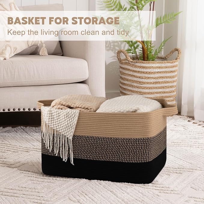 OIAHOMY Extra Large Blanket Basket, 95L Cotton Rope Woven Laundry Basket, Toy Bin for Baby Room, Container for Blanket Storage in Living Room, 24''×17''×14'', Brown & Black