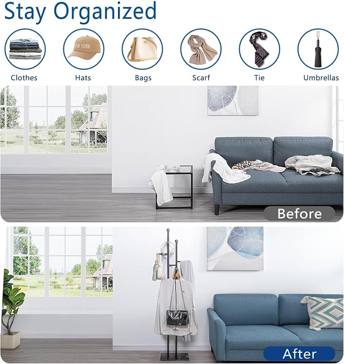 Metal Standing Coat Rack for Entryway Bedroom Living Room (Black) | Easy Assembly, Compact Footprint, Space Saver, Metal Frame, Marble Base, Sturdy, 8 Spherical Hooks, Office, Corner