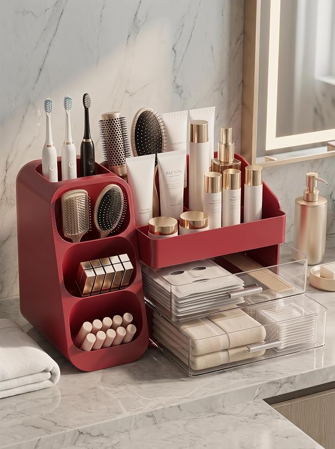 Booklov Large Makeup Organizer for Vanity Countertop, Red | Clear Acrylic Cosmetic Display Case, Beauty Brush Holder for Bathroom Counter, Make Up Skincare Lipsticks Storage