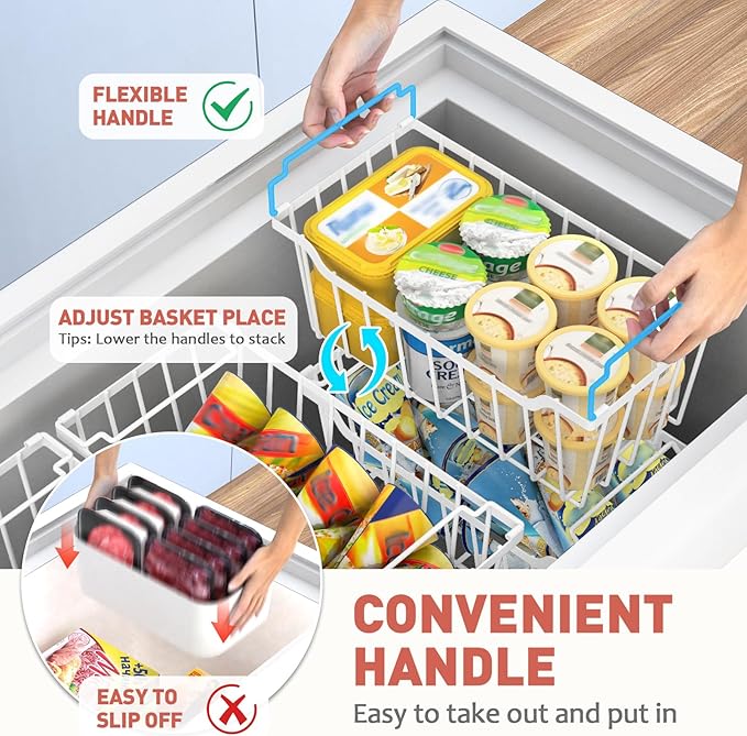 Goovilla Freezer Organizer Bins for 5-7 Cu.FT Chest Freezer,8 Pack White | Foldable Handle Stackable Freezer Baskets, Coated Metal Freezer Storage Bins with Better Space Utilization, Deep Organization