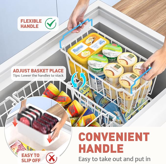 Goovilla Freezer Organizer Bins for 5-7 Cu.FT Chest Freezer, 4 Pack White | Foldable Handle Stackable Freezer Baskets, Coated Metal Freezer Storage Bins with Better Space Utilization, Deep Organization