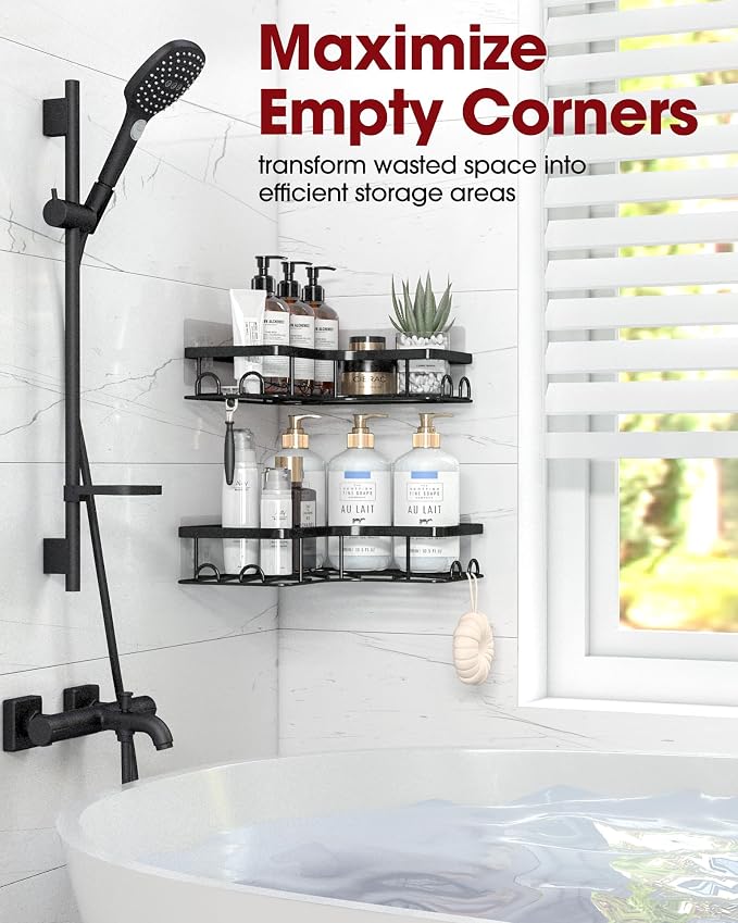 Sakugi Corner Shower Caddy - 2 Pack, Adhesive Shower Organizers, Rustproof Stainless Steel Shower Shelves with 8 Hooks, No Drilling Bathroom Organizers and Storage Racks, Space-Saving, Black, Large