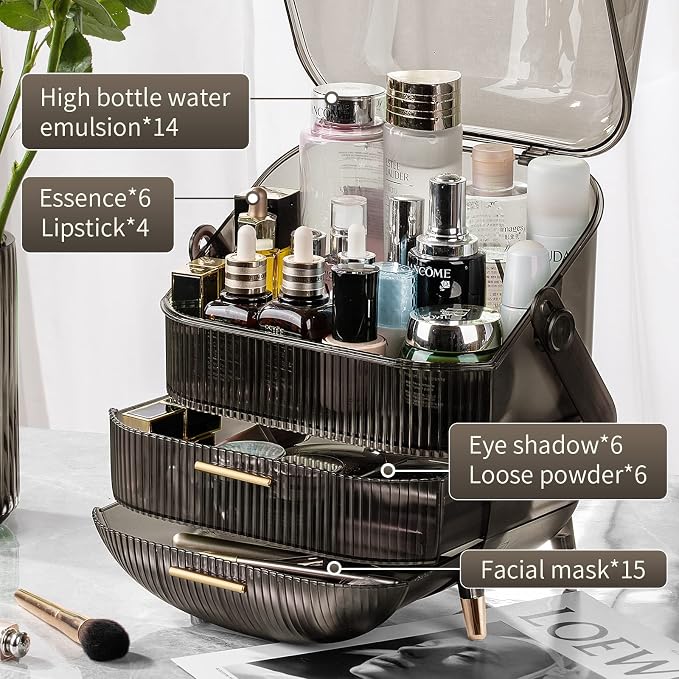 CANITORON Makeup Organizer,Large Capacity Skincare Organizer for Vanity,Cosmetic Organizer with 2 Drawers and Transparent Cover for Bedroom Countertop and Bathroom Countertop Storage.(Gray)