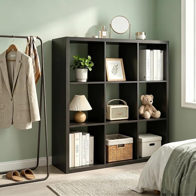 CTESNE【Wooden Thick Frame 9 Cube Storage Organizer Shelf with Anti-Tipping Kits + Reversible Open Back Bookcase, Horizontal and Vertical Dual-use Standing Bookshelf（Chocolate,13inch）