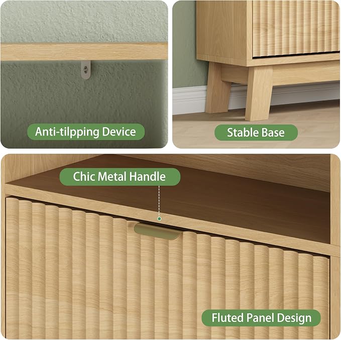 Xixini Shoe Cabinet with 3 Flip Drawers, 54" Tall Narrow Fluted Shoe Storage Organizer for Entryway, Hidden Wooden Shoe Rack with Adjustable Side Cabinet for Front Door Entrance, Hallway, Natural Oak