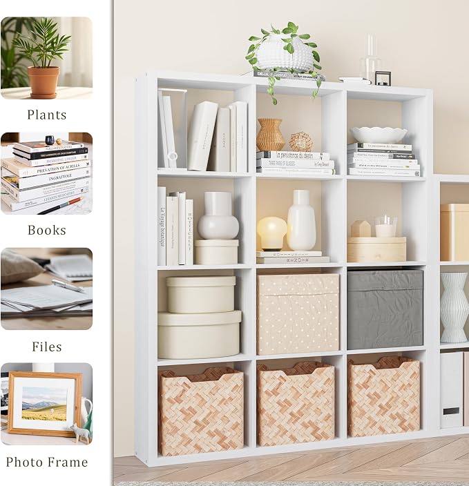 VDNEND Cube Storage Organizer Bookcase, Decorative 11 inch Open Back Cubical Shelf with Thickened Border, Display Bookshelf for Living Room, Home Office, Sturdy Room (White, 12 Cube)