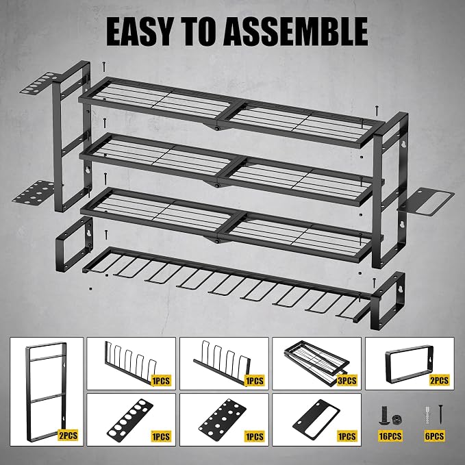 MOOMSINE Large Power Tool Organizer Wall Mount for Garage, 4-Tier Heavy Duty Metal Storage Rack Loads 400lbs, Battery Tools Hanger with 8 Cordless Drill Holders for Workshop, Pegboard, Shed