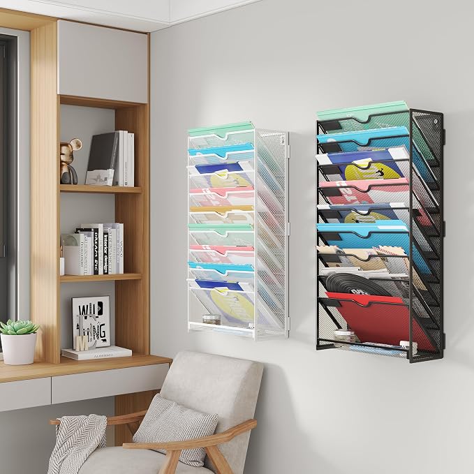 Lavatino 10-Tier Hanging File Organizer, Wall Mount File Holder for Mails Folders Papers Magazine Organization, Vertical Document Organizer for Office Home Black