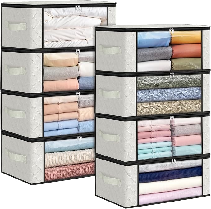 Fab totes 35L Closet Organizers and Storage, Foldable Under Bed Storage Containers, Storage bags for Organizing Bedroom, Closet, Clothing,Organization with Handle (8 Pack,Ivory)