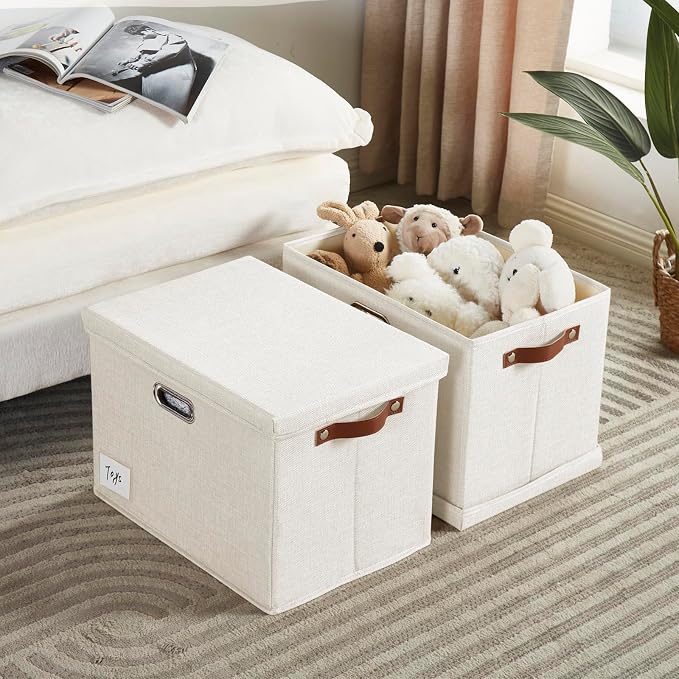 Roobyl 15" Large Collapsible Storage Bins with Lids, Stackable Closet Organizers with PU Handle and Labels, 3-Pack Decorative Fabric Storage Boxes for Home, Bedroom, Closet, Office, Nursery(White)