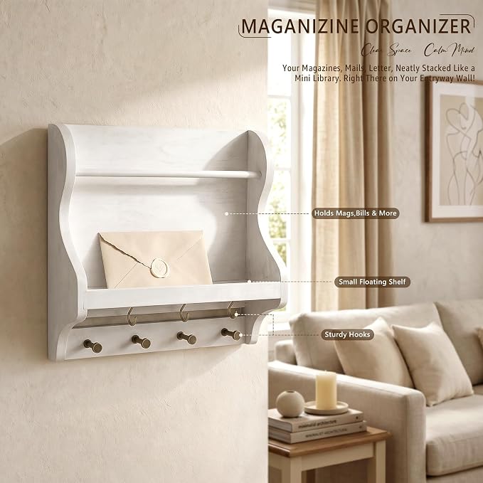 Rebee Vision Mail Organizer Wall Mount with 7 key Hooks Home Decor, White | Mail Holder for Wall, Key Hanger for Sunglasses and Wallets, Mail, Farmhouse Magazine Holder, Wood Decor, Apartment Aesthetic