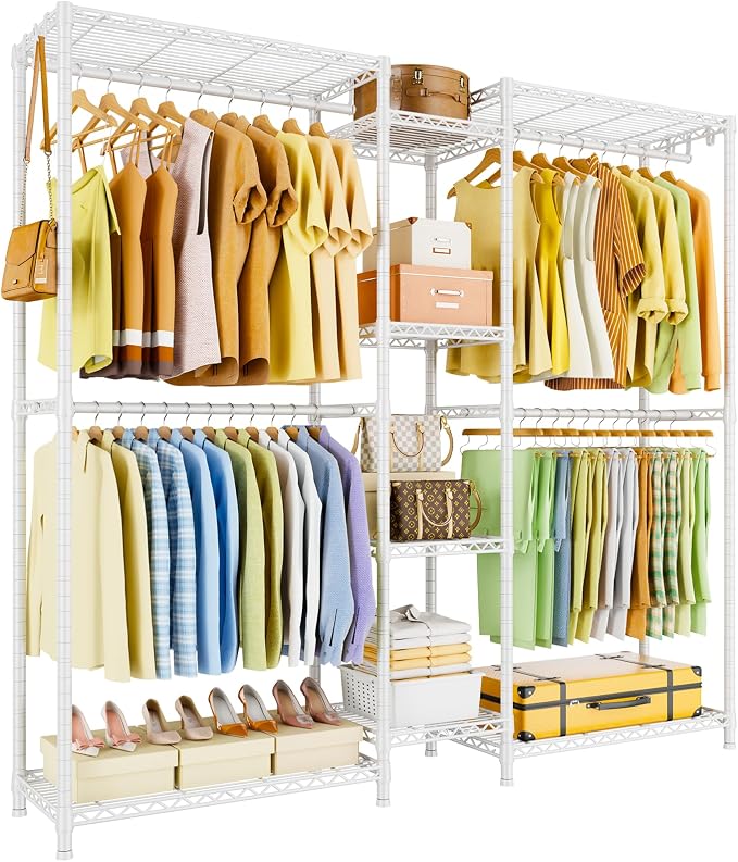 Ulif E4 Clothes Rack, Heavy-Duty Garment Rack, Metal Freestanding Clothing Organization Storage System Can Be L-shaped with Shelves and Hangers, Max Load 962lbs, 71.6" W x 14.5" D x 79.3" H, White | Metal Freestanding Clothing Organization Storage Syst...