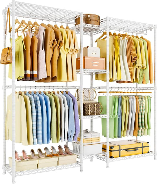 Ulif E4 Clothes Rack, Heavy-Duty Garment Rack, Metal Freestanding Clothing Organization Storage System Can Be L-shaped with Shelves and Hangers, Max Load 962lbs, 71.6" W x 14.5" D x 79.3" H, White | Metal Freestanding Clothing Organization Storage Syst...