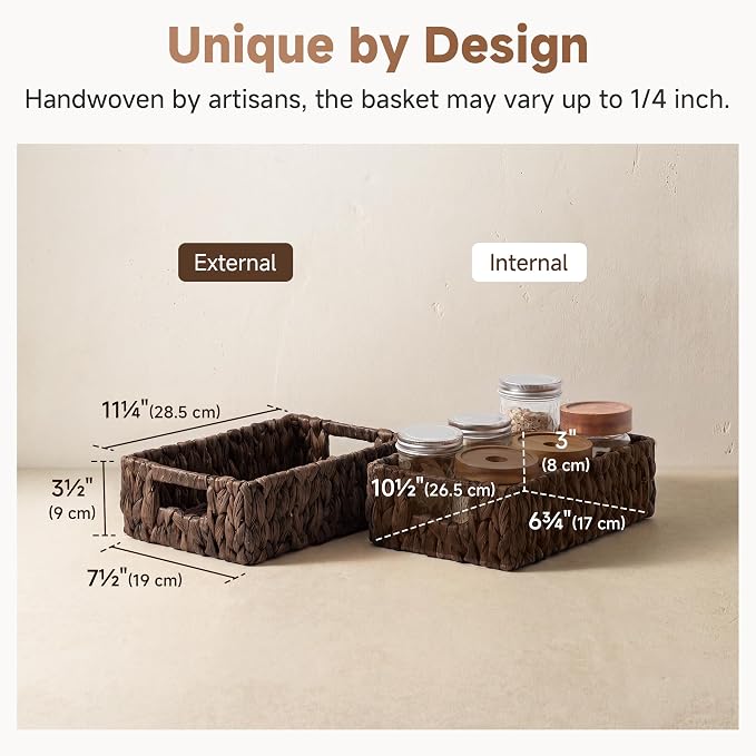 StorageWorks Wicker Baskets for Storage, Water Hyacinth Storage Baskets for Organizing, Wicker Storage Baskets for Shelves, Brown, 2-Pack, 11¼" x 7½" x 3½"