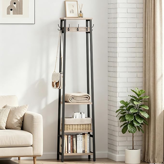 Coat Rack Freestanding with 3 Shelves and 7 Hooks | Coat Stand, Hall Tree Free Standing, Clothes Rack Stand Organizer, Industrial Style, Greige and Black