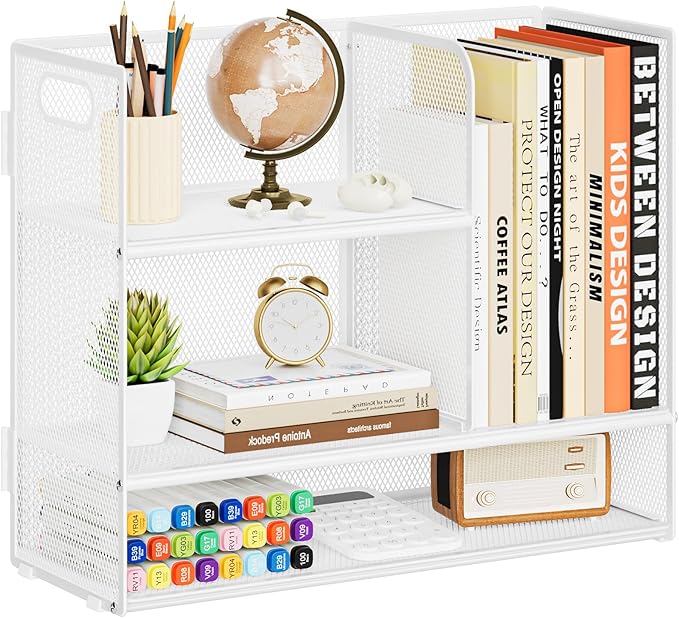 Marbrasse Desk Shelf Organizer with Handle, Bookshelf File Holder, White | 3-Tier Desktop Mesh Display Shelf Organizer Storage Rack for Office, Home, Supplies, Kitchen