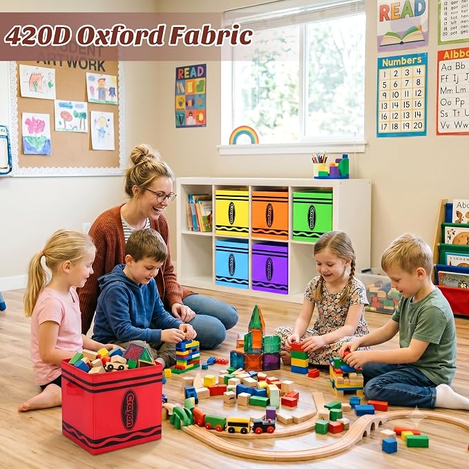 6 Pcs 11 Inch Fabric Storage Bins Classroom, Colorful Collapsible Cubby Organizer Baskets with Handles Classroom Must Have for Preschool Elementary Daycare (Crayon)